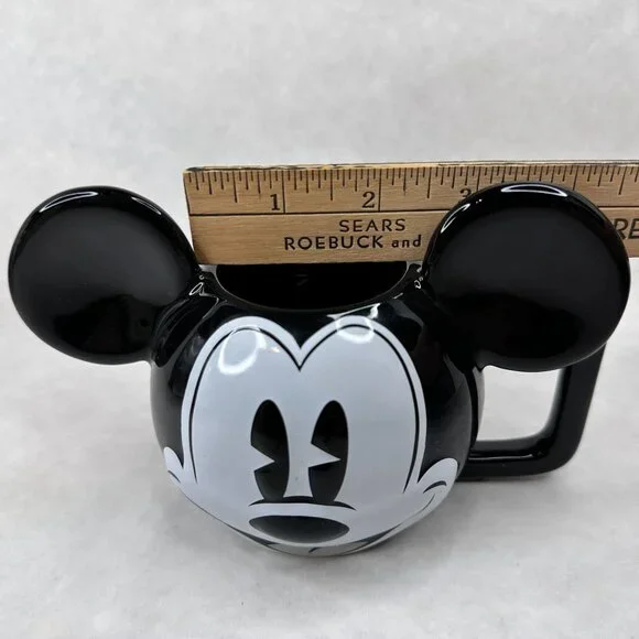 Vintage Disney Mickey Mouse Ceramic Mug W/ Spoon‎ Black & White 3D Ears D Handle - Picture 8 of 16